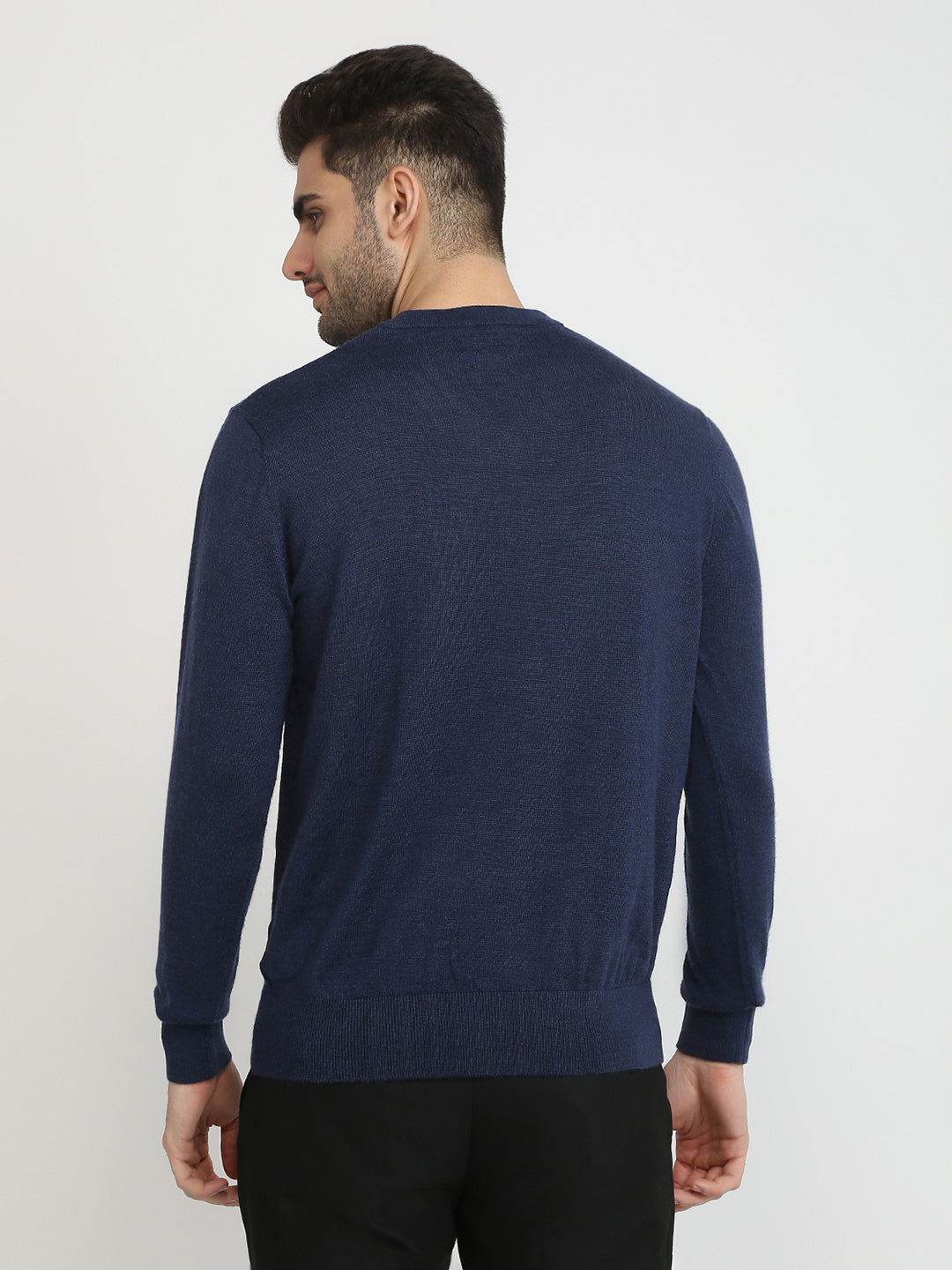 Colorplus Men Blue Solid Regular Fit Wool Blend Full Sleeve V Neck Collar Sweater