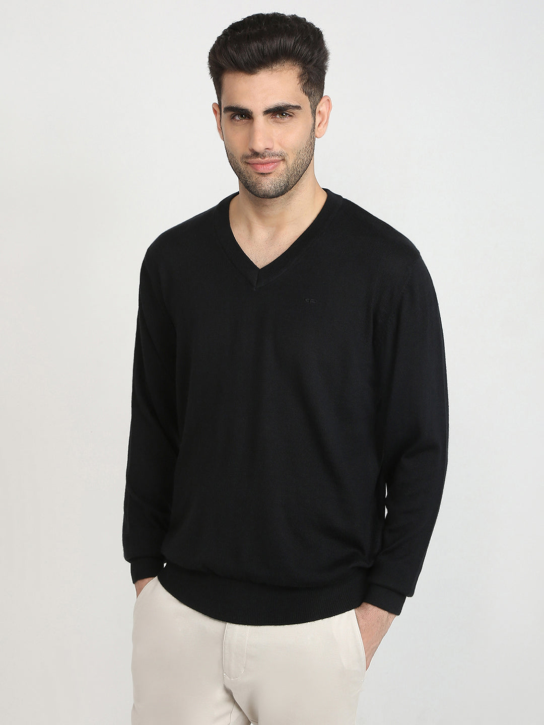Colorplus Men Black Solid Regular Fit Wool Blend Full Sleeve V Neck Collar Sweater