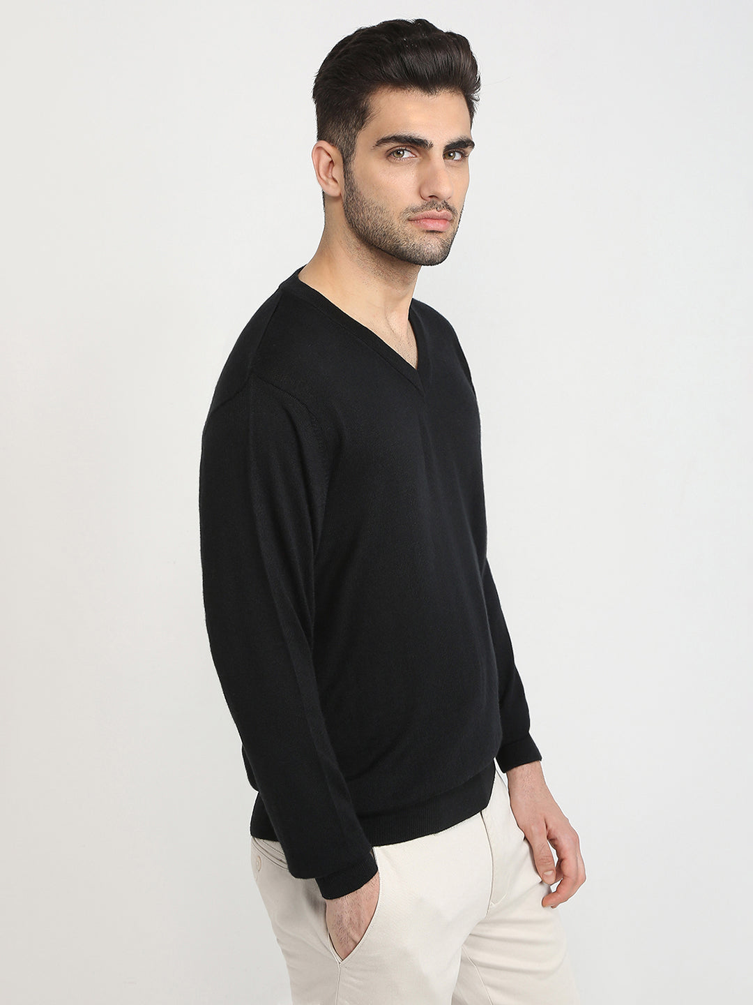 Colorplus Men Black Solid Regular Fit Wool Blend Full Sleeve V Neck Collar Sweater