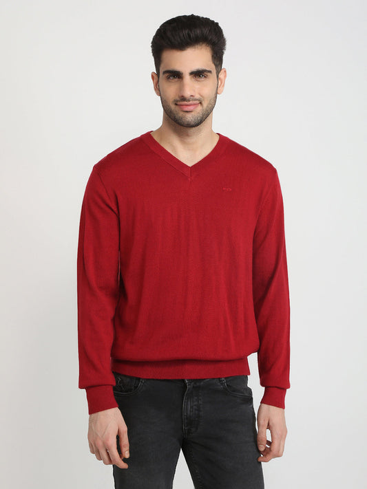 Colorplus Men Red Solid Regular Fit Wool Blend Full Sleeve V Neck Collar Sweater