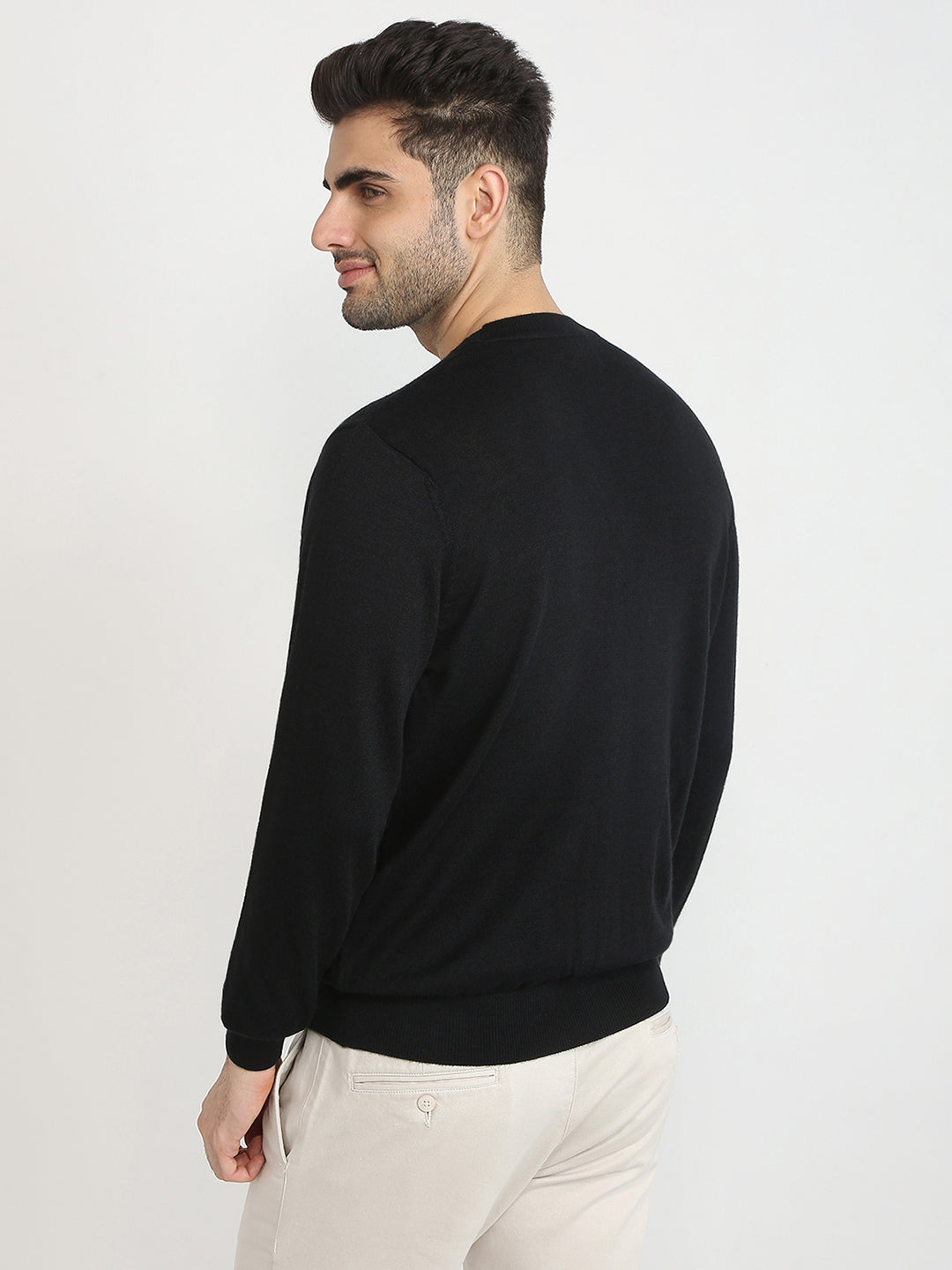 Colorplus Men Black Solid Regular Fit Wool Blend Full Sleeve V Neck Collar Sweater