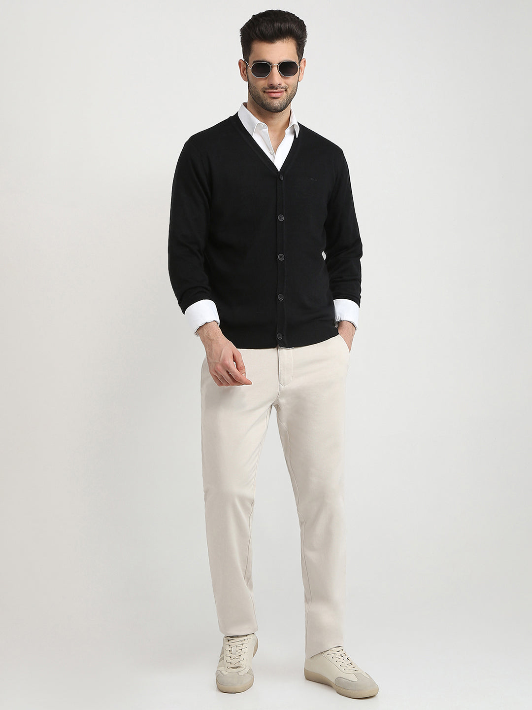 Colorplus Men Black Solid Regular Fit Wool Blend Full Sleeve V Neck Collar Sweater