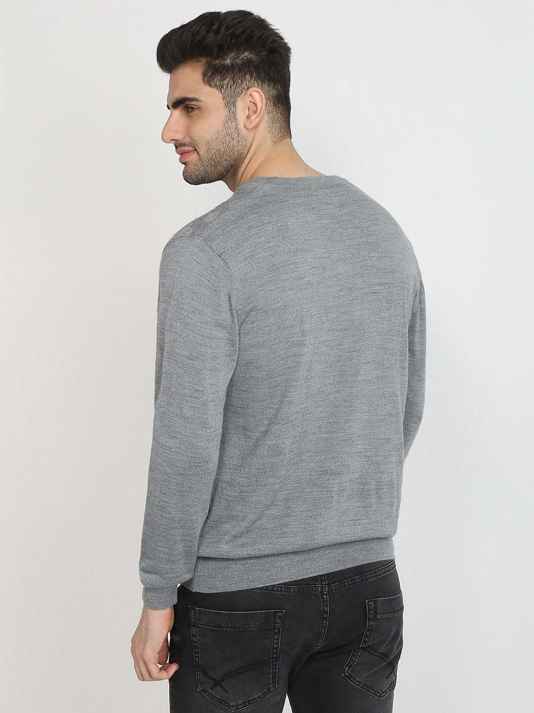 Colorplus Men Grey Solid Regular Fit Wool Blend Full Sleeve V Neck Collar Sweater