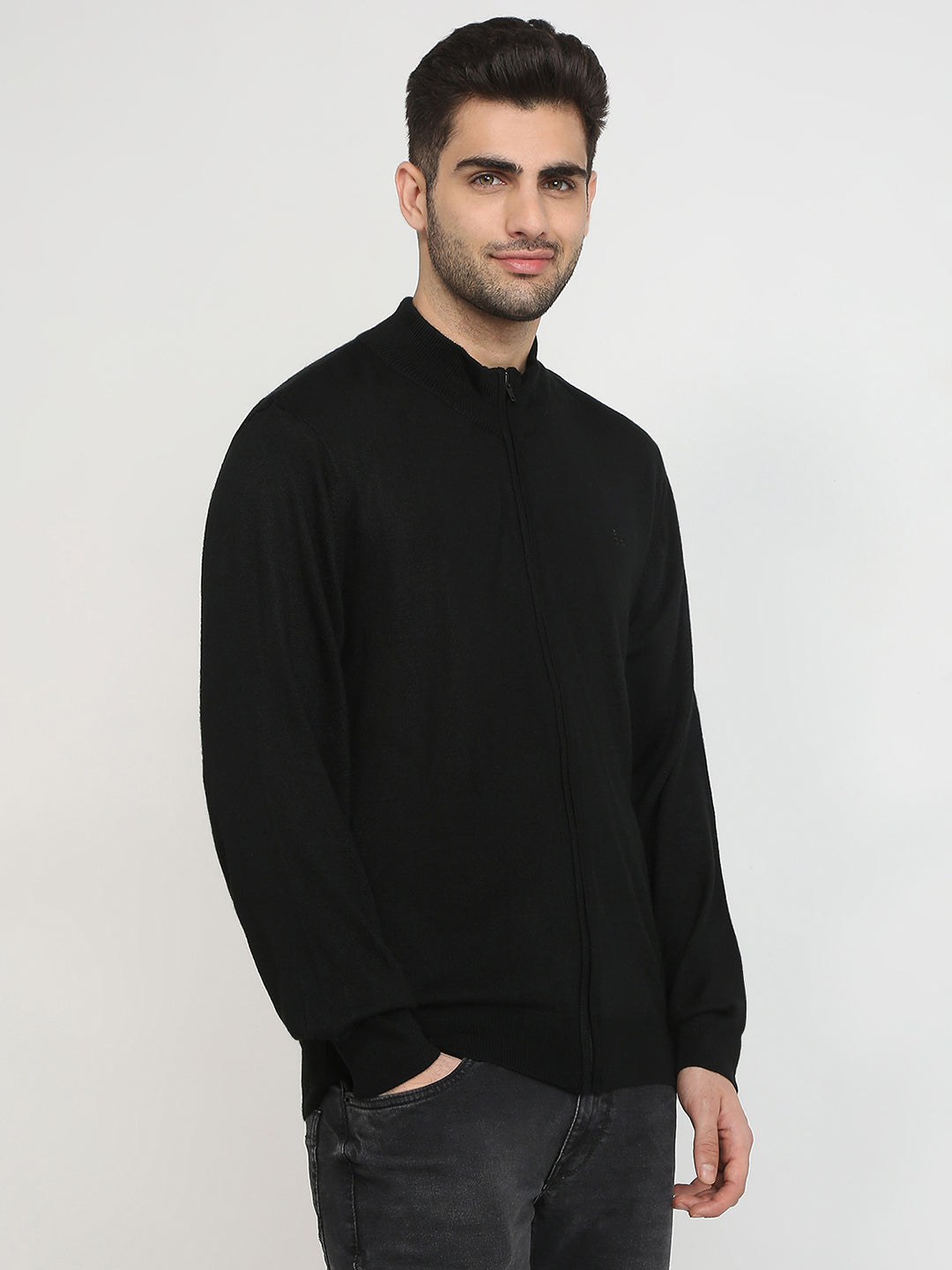 Colorplus Men Black Solid Regular Fit Acro Blend Full Sleeve V Neck Collar Sweater