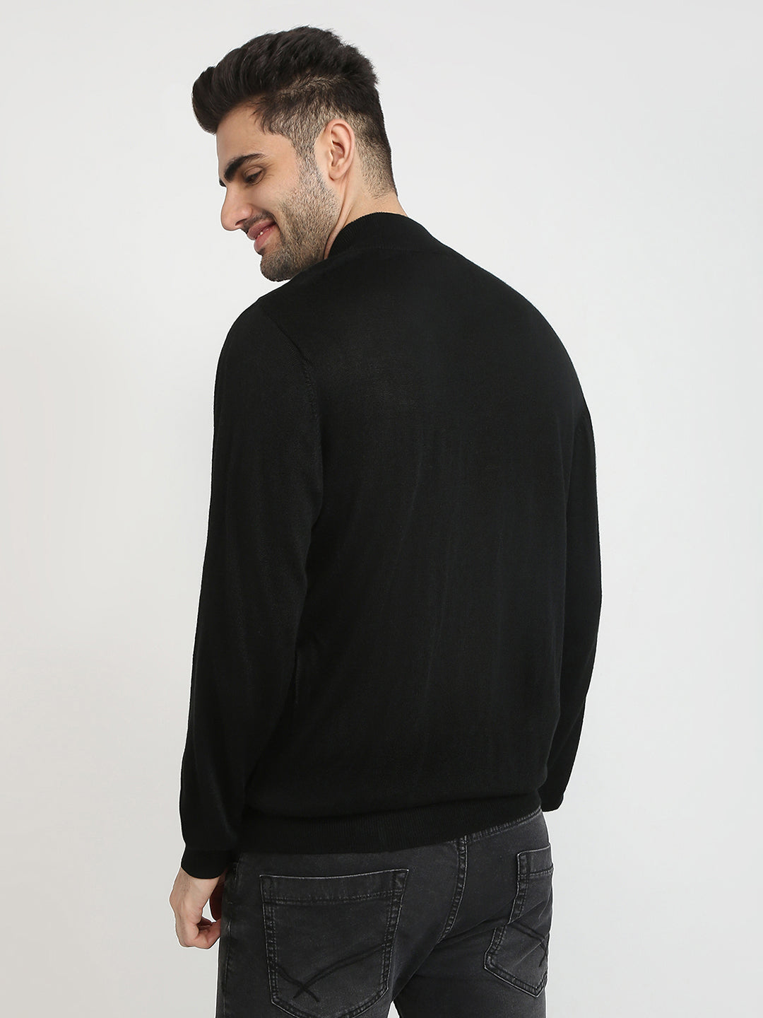 Colorplus Men Black Solid Regular Fit Acro Blend Full Sleeve V Neck Collar Sweater