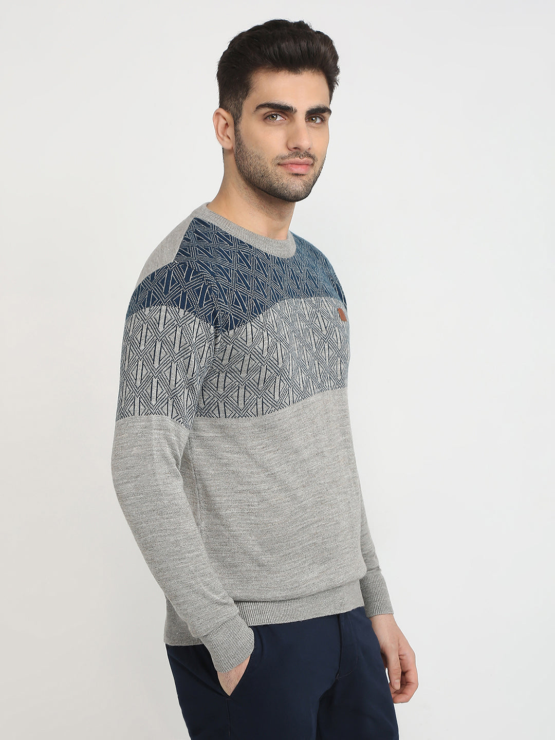 Colorplus Men Grey Jacquard Regular Fit Acrylic Full Sleeve V Neck Collar Sweater