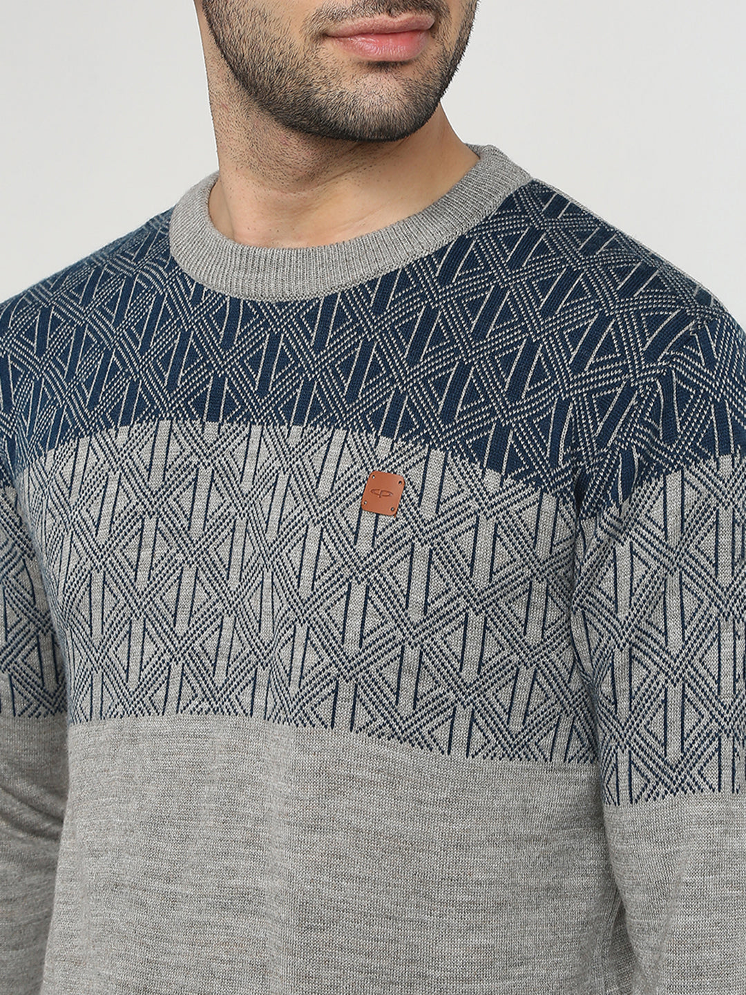 Colorplus Men Grey Jacquard Regular Fit Acrylic Full Sleeve V Neck Collar Sweater