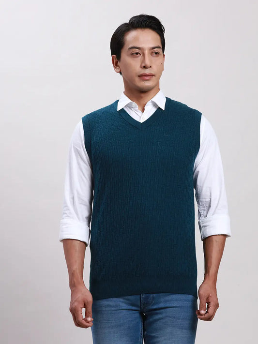 Men Blue Classic Fit Structure Acrylic Blend Sleeveless Sweaters
