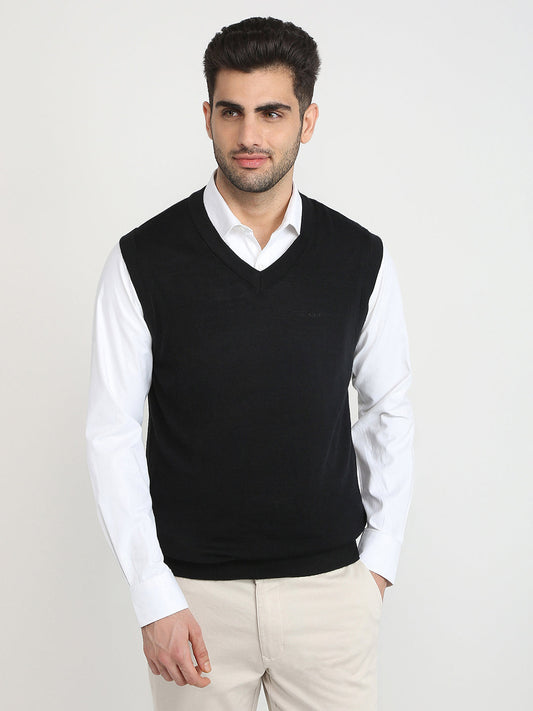 Colorplus Men Black Solid Regular Fit Wool Blend Sleeveless V Neck Collar Sweater