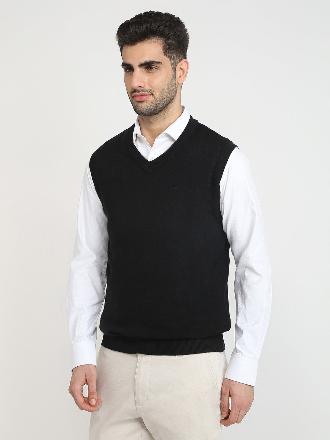 Colorplus Men Black Solid Regular Fit Wool Blend Sleeveless V Neck Collar Sweater