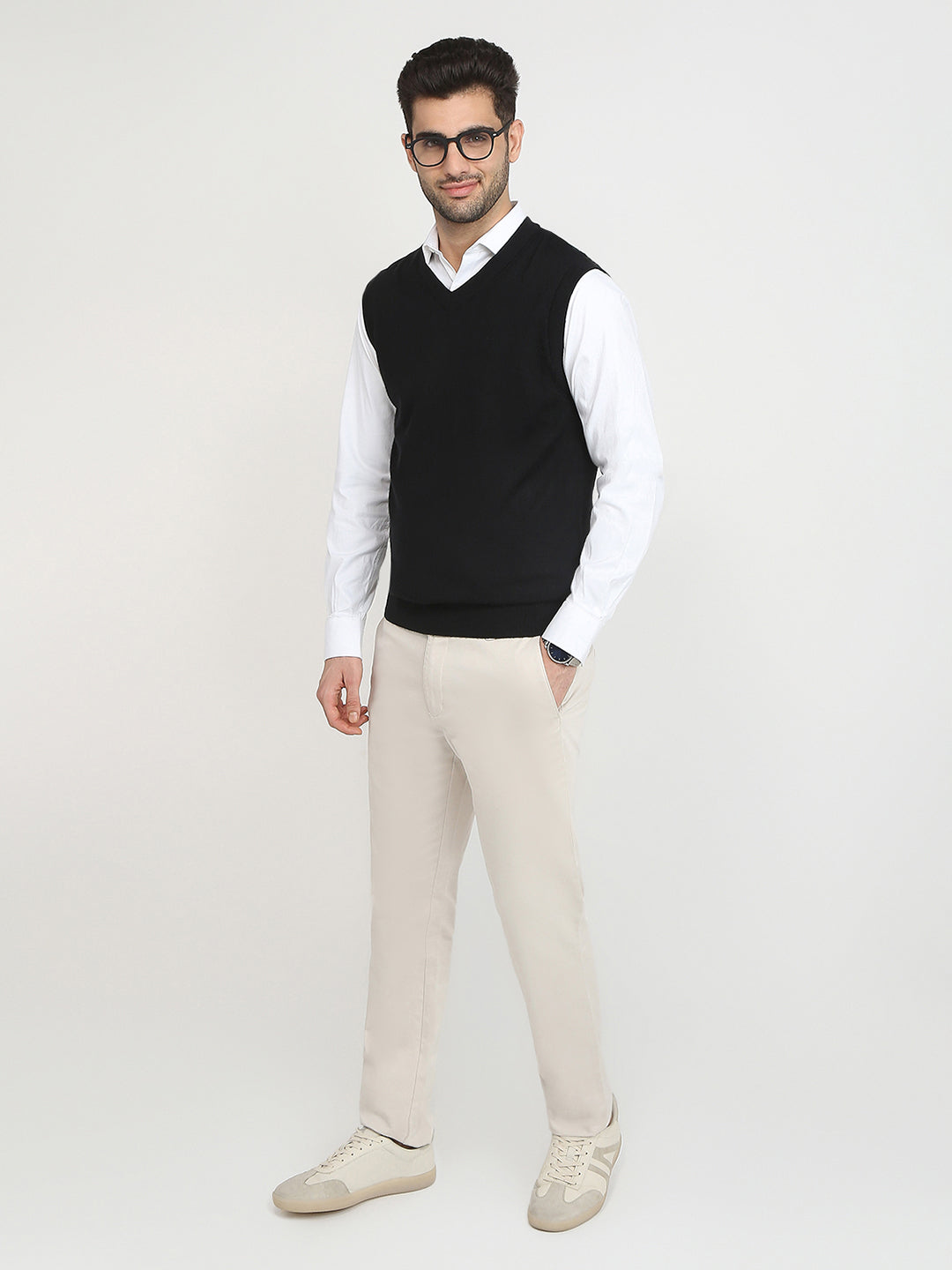 Colorplus Men Black Solid Regular Fit Wool Blend Sleeveless V Neck Collar Sweater