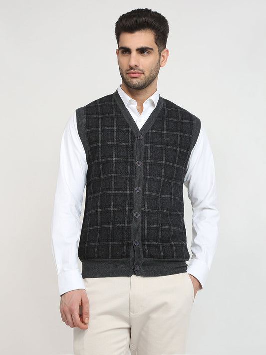 Colorplus Men Grey Tweed Regular Fit Wool Blend Sleeveless V Neck Collar Sweater