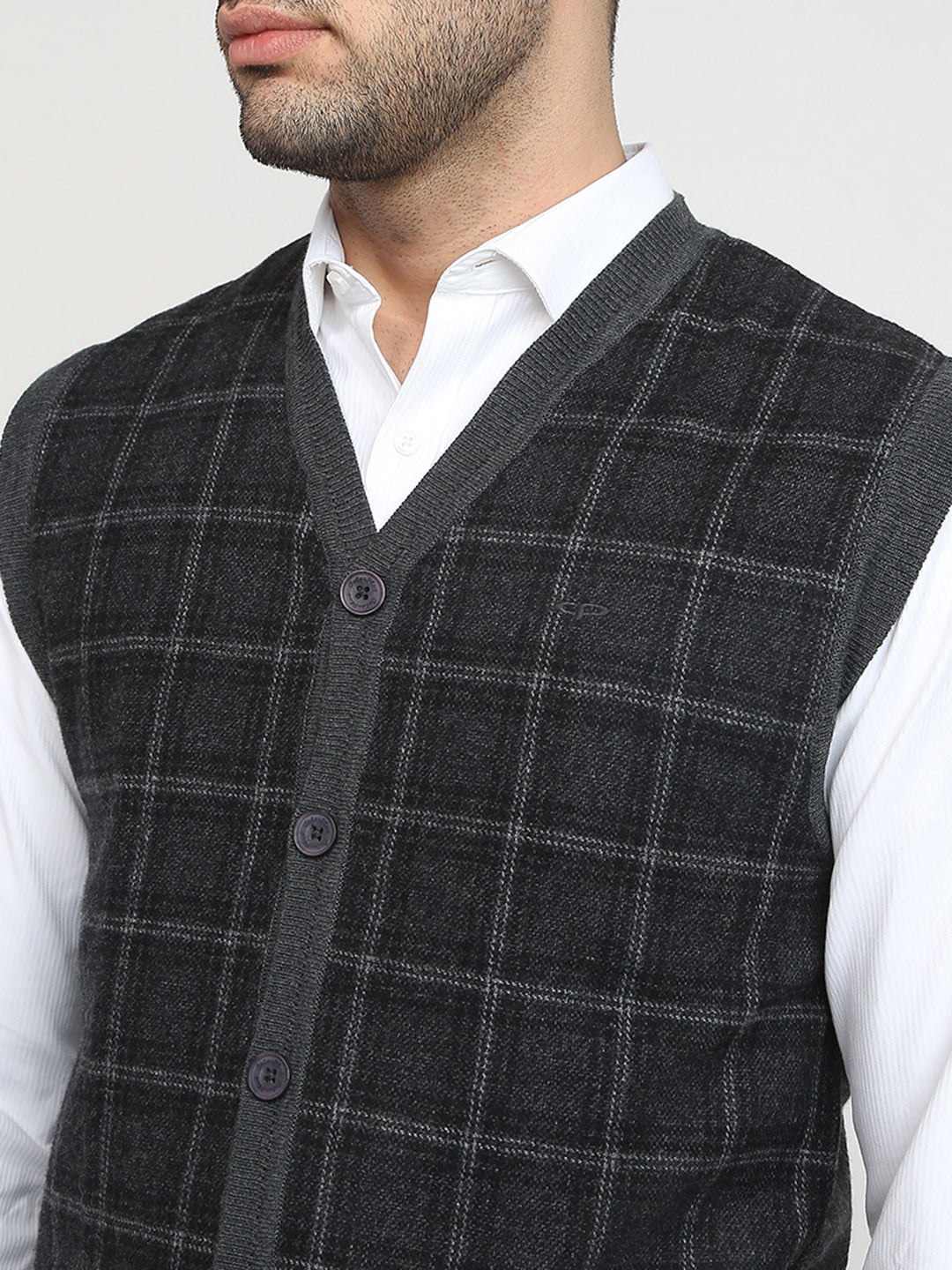 Colorplus Men Grey Tweed Regular Fit Wool Blend Sleeveless V Neck Collar Sweater