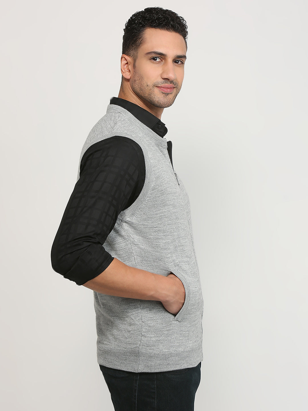 Colorplus Men Grey Solid Regular Fit Acrylic Blend Sweater