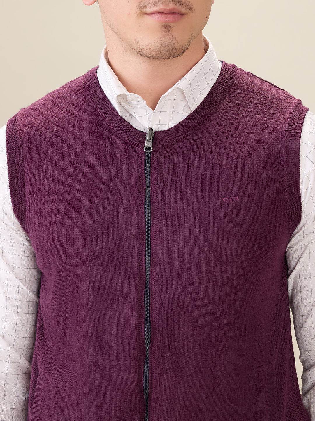 Colorplus Men Maroon Solid Regular Fit Acro Blend Sleeveless V Neck Collar Sweater