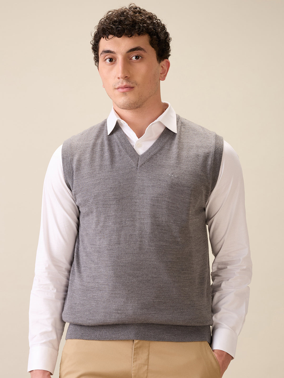 Colorplus Men Grey Plain Regular Fit Wool Blend Sleeveless V Neck Collar Sweater