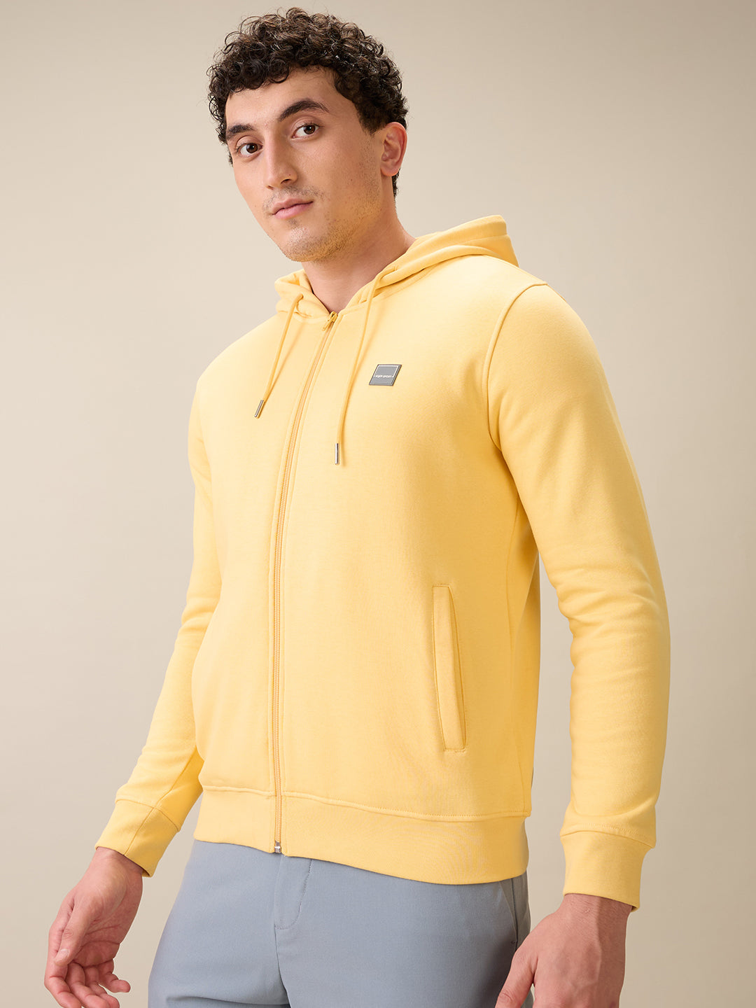 Colorplus Men Yellow Solid Regular Fit Cotton Blend Full Sleeve Sweatshirt