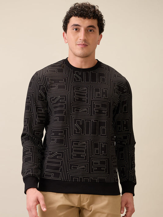 Colorplus Men Black Printed Regular Fit Polyester Blend Full Sleeve Sweatshirt