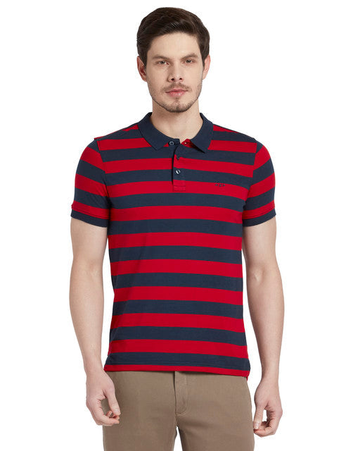 Colorplus Men Red Stripe Slim Fit Cotton T-Shirt
