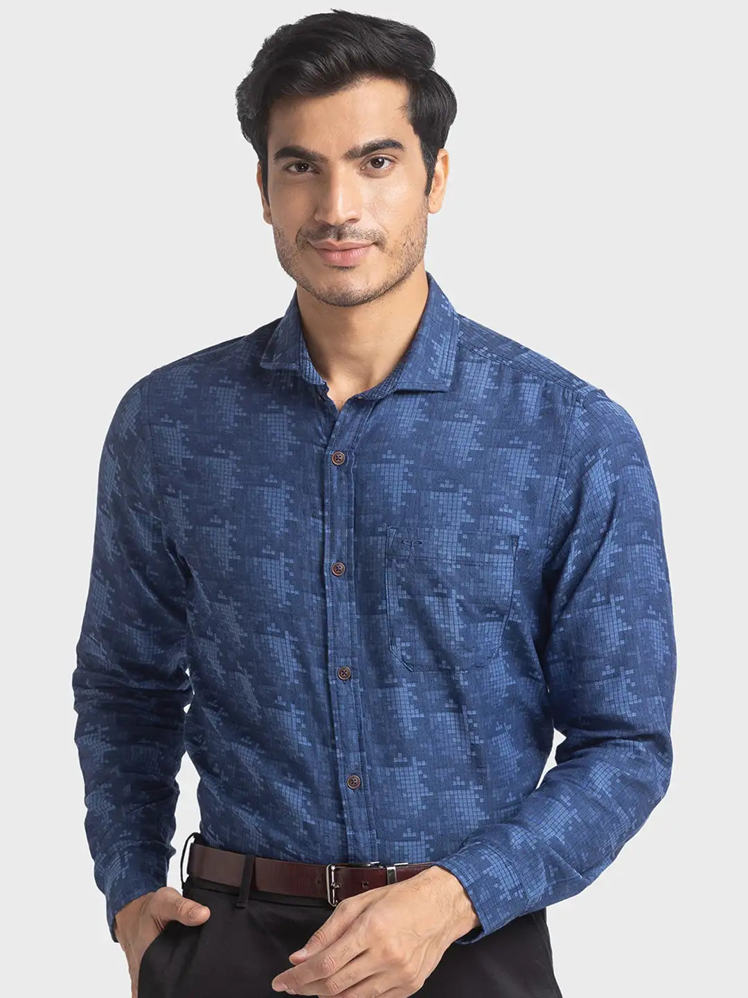 Men Blue Contemporary Fit Jacquard Cotton Full Sleeve Shirts