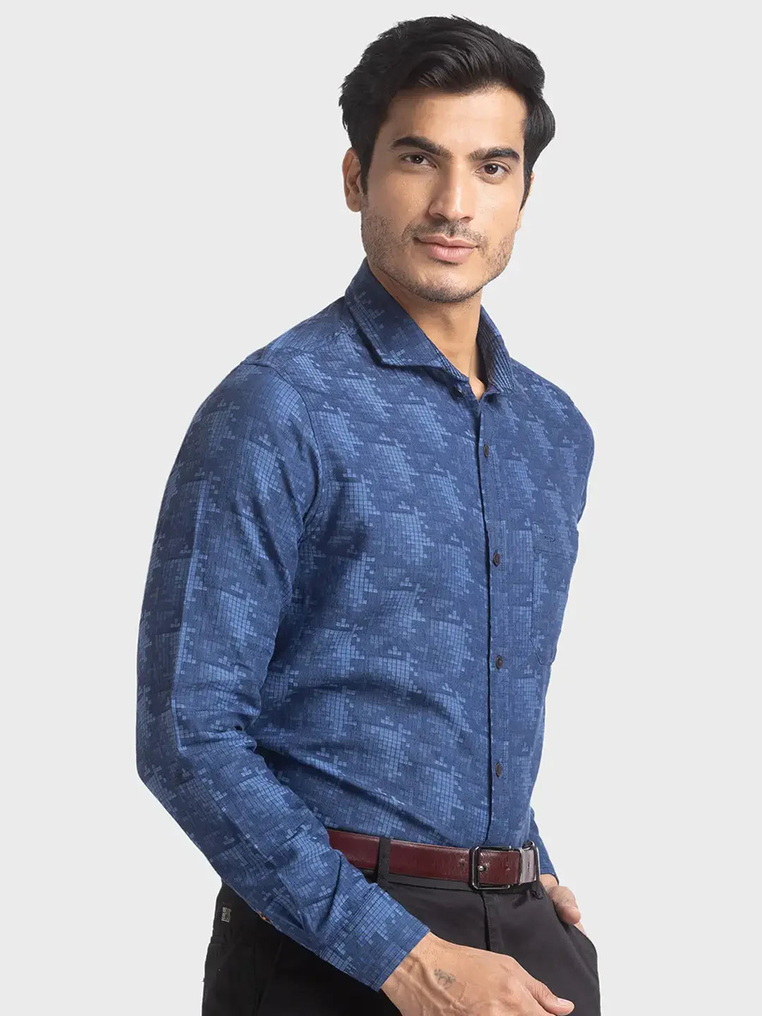 Men Blue Contemporary Fit Jacquard Cotton Full Sleeve Shirts