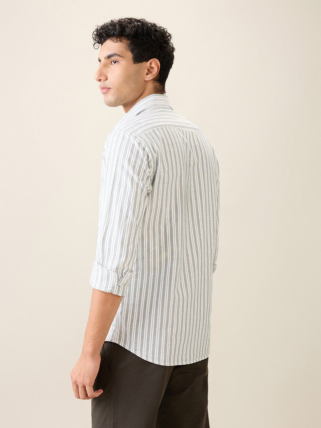 Colorplus Men Green Stripe Slim Fit Cotton Casual Shirt