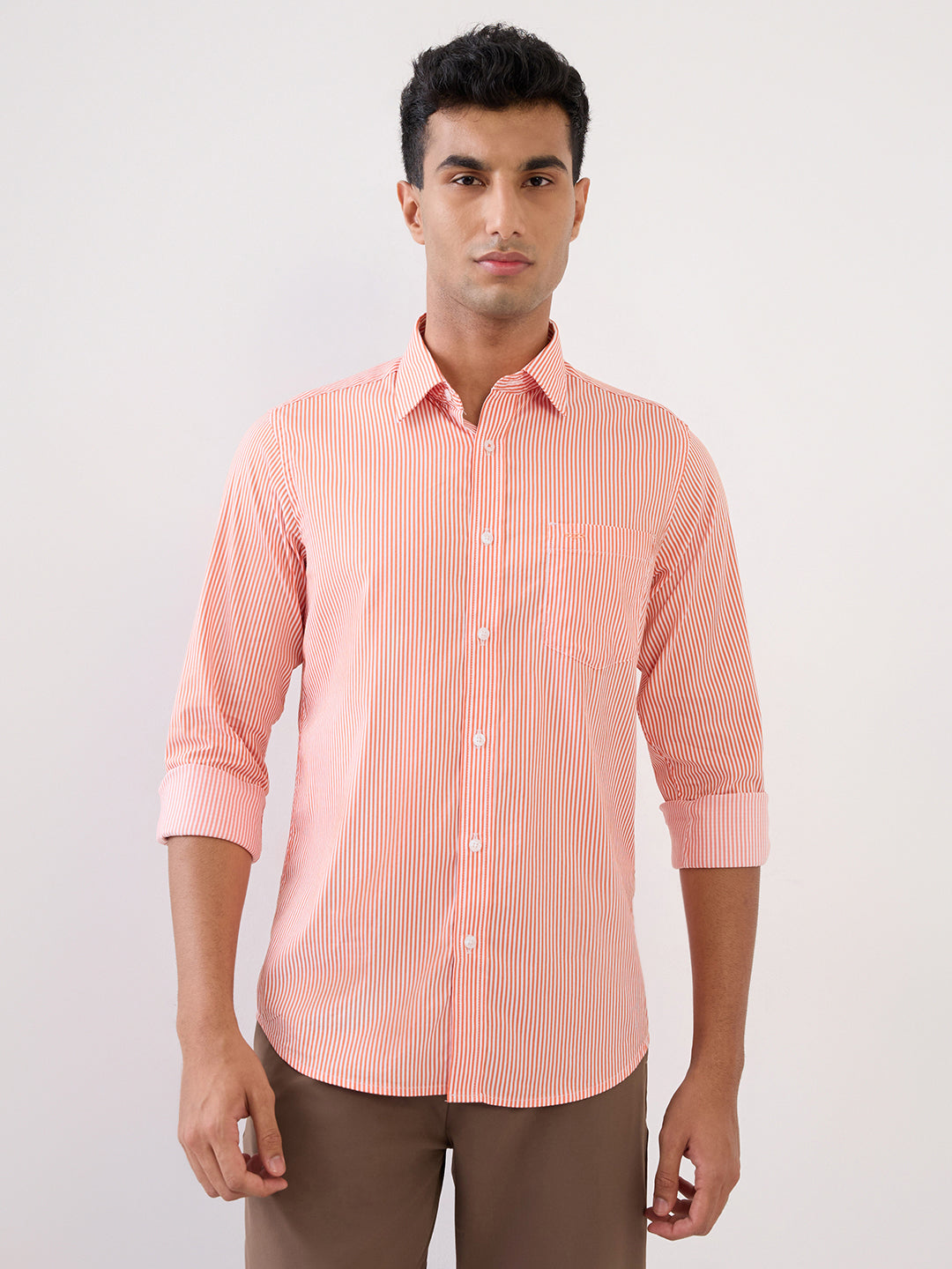 Colorplus Men Orange Stripe Slim Fit Cotton Blend Full Sleeve Casual Shirt