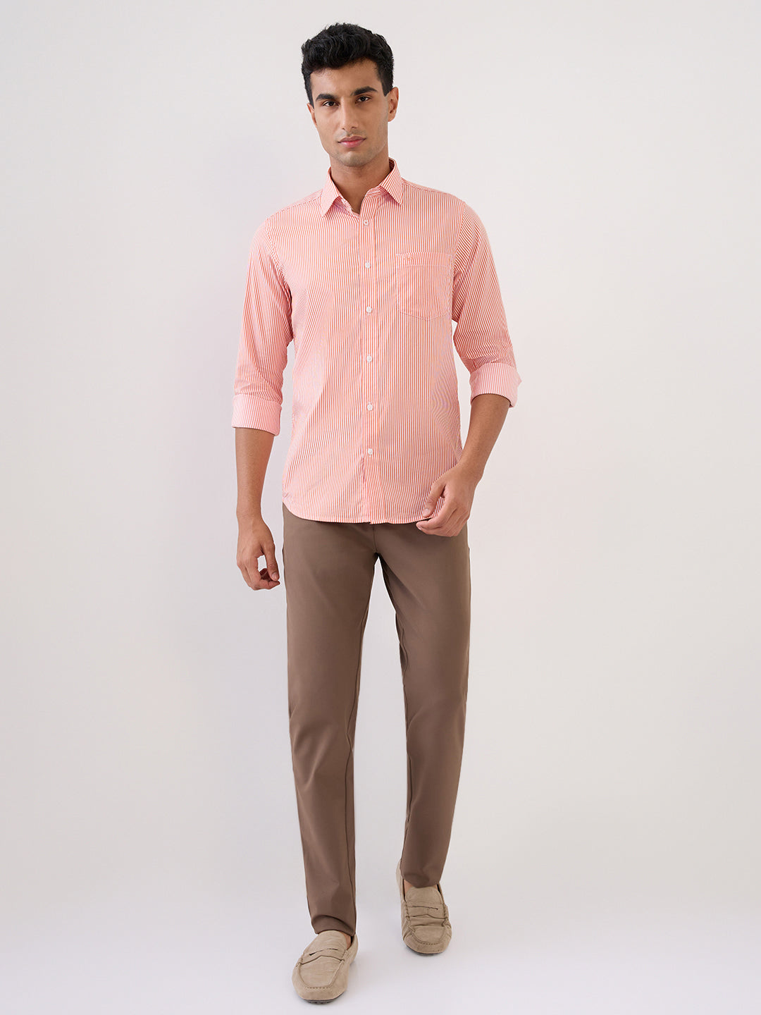 Colorplus Men Orange Stripe Slim Fit Cotton Blend Full Sleeve Casual Shirt