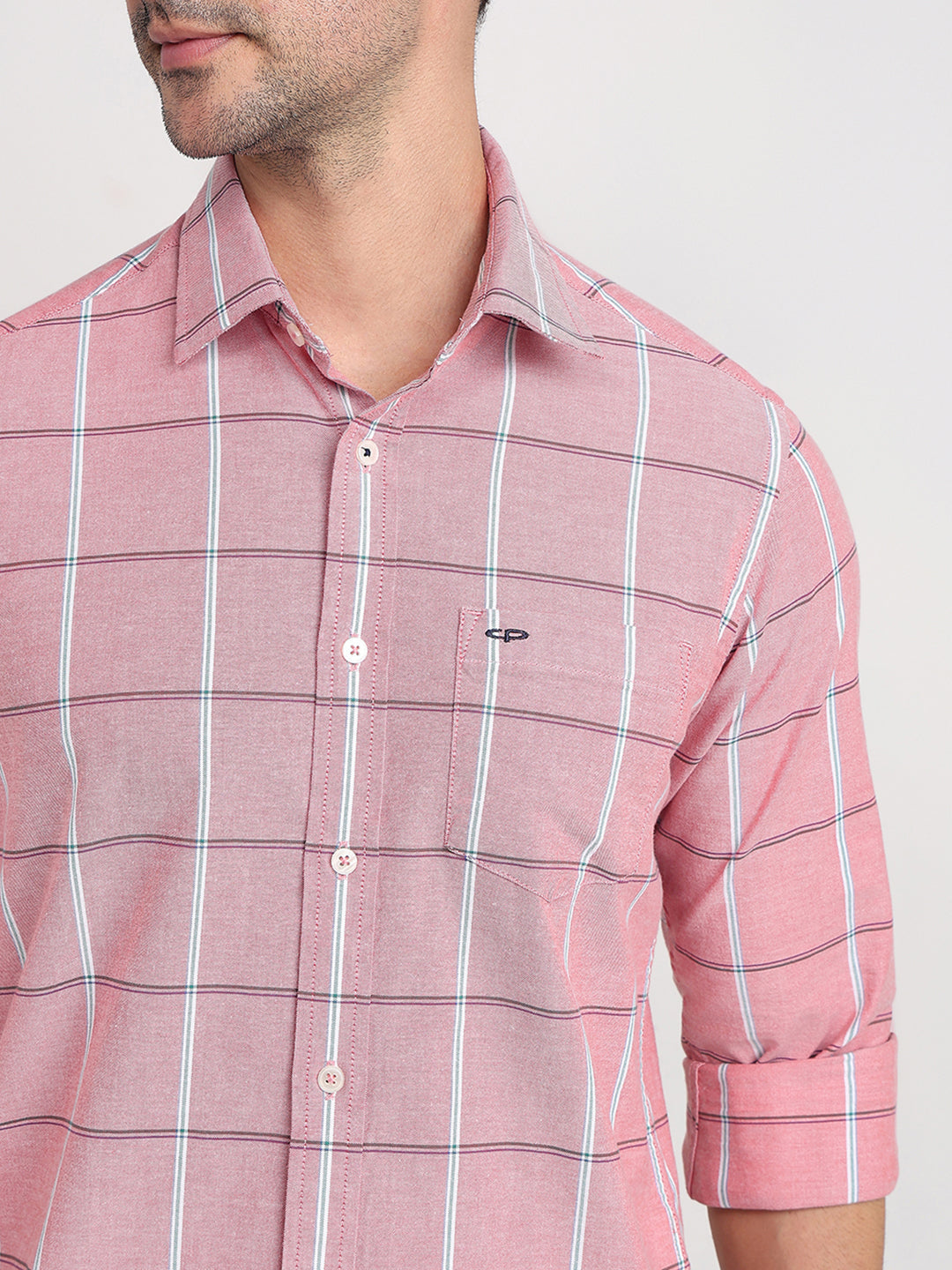 Colorplus Men Orange Checks Slim Fit Cotton Blend Full Sleeve Casual Shirt