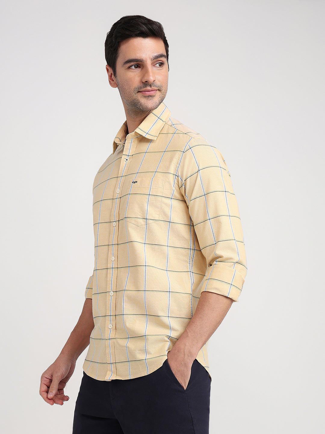 Colorplus Men Yellow Checks Slim Fit Cotton Blend Full Sleeve Casual Shirt