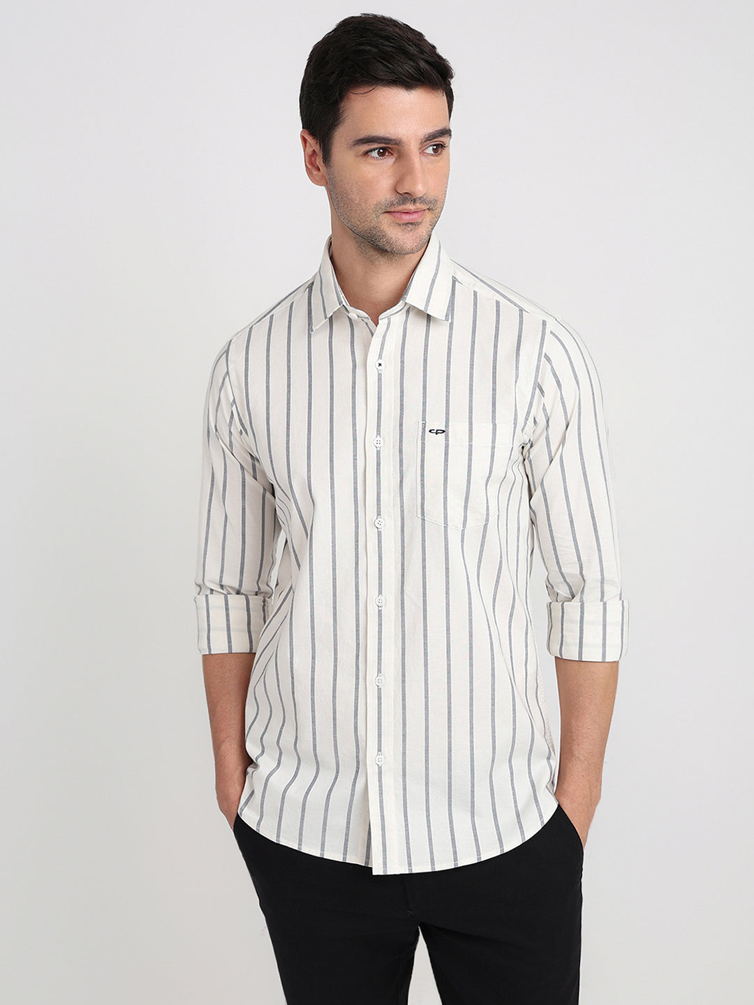 Colorplus Men White Stripe Slim Fit Cotton Blend Full Sleeve Casual Shirt