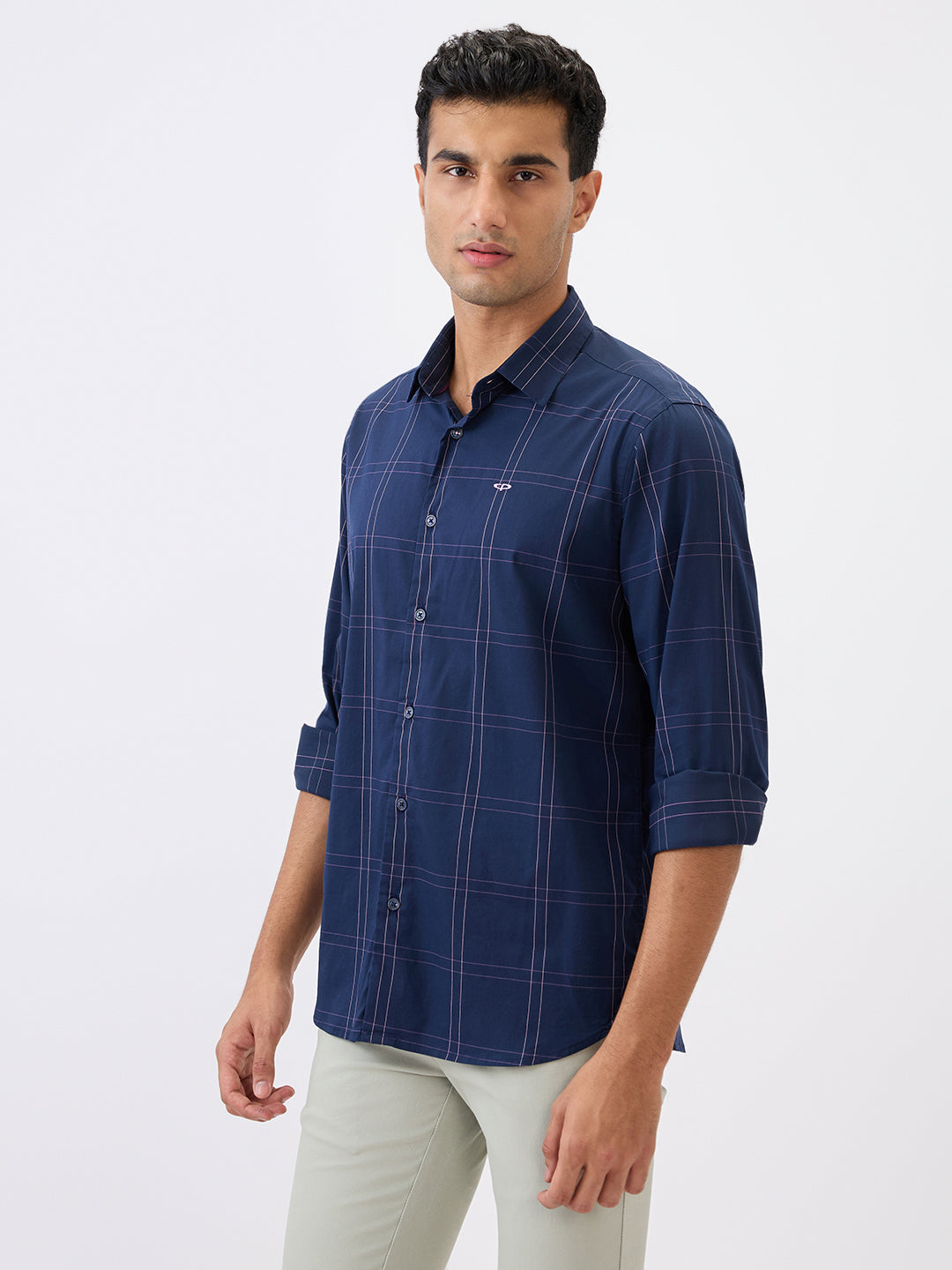 Colorplus Men Blue Checks Regular Fit Cotton Blend Full Sleeve Casual Shirt