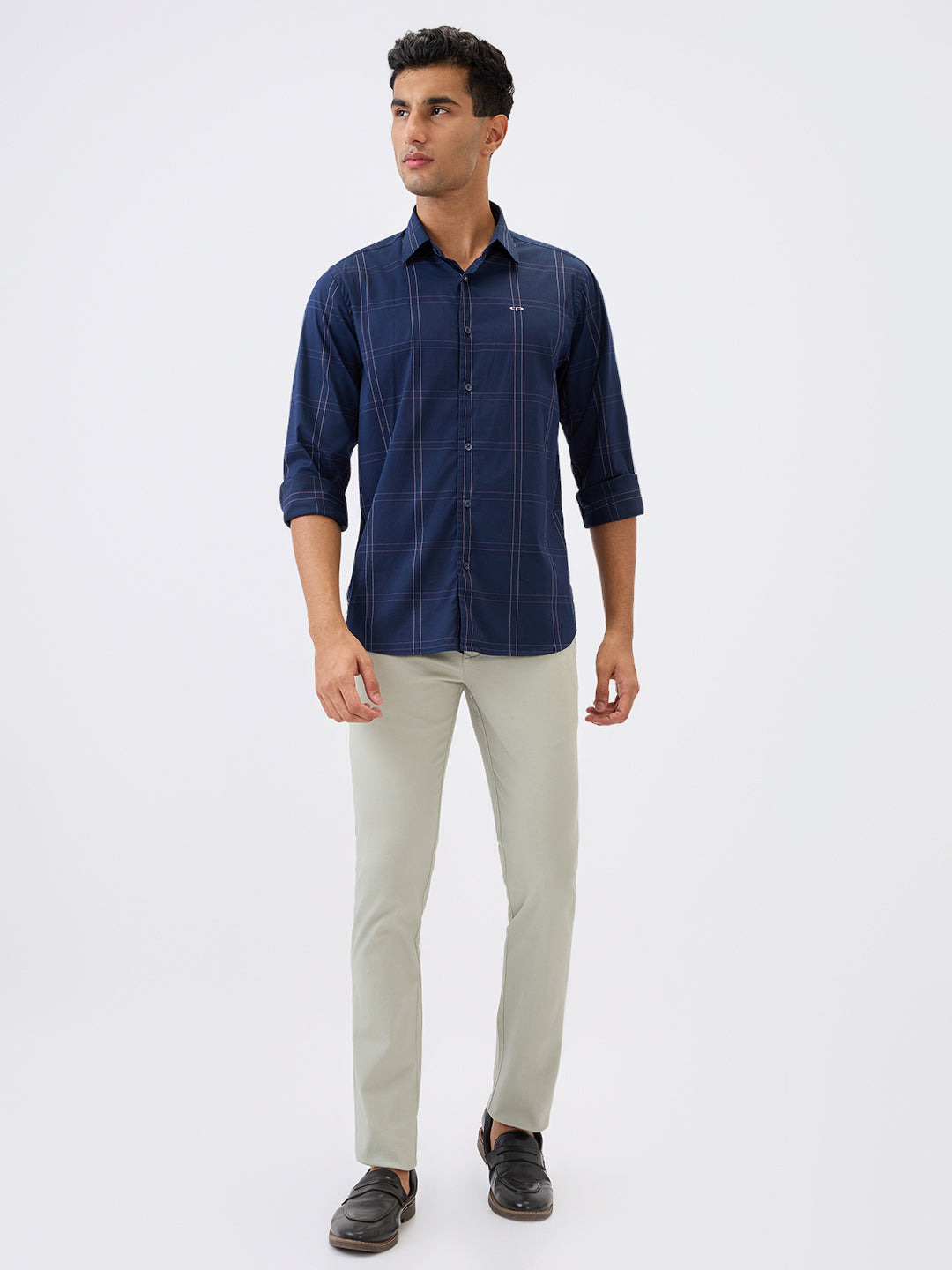 Colorplus Men Blue Checks Regular Fit Cotton Blend Full Sleeve Casual Shirt