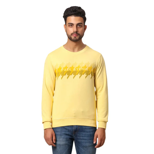 Men Yellow Slim Fit Solid Polyester Blend Round Collar Sweatshirts