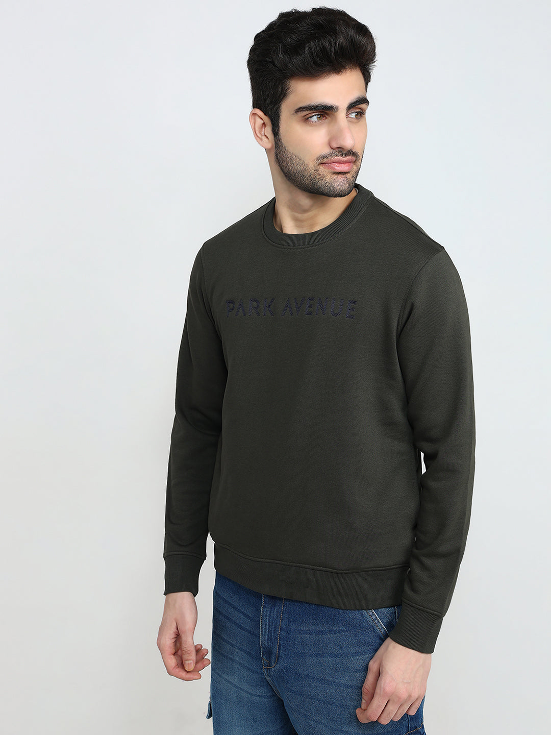 Park Avenue Men Green Structure Slim Fit Cotton Blend Sweatshirt