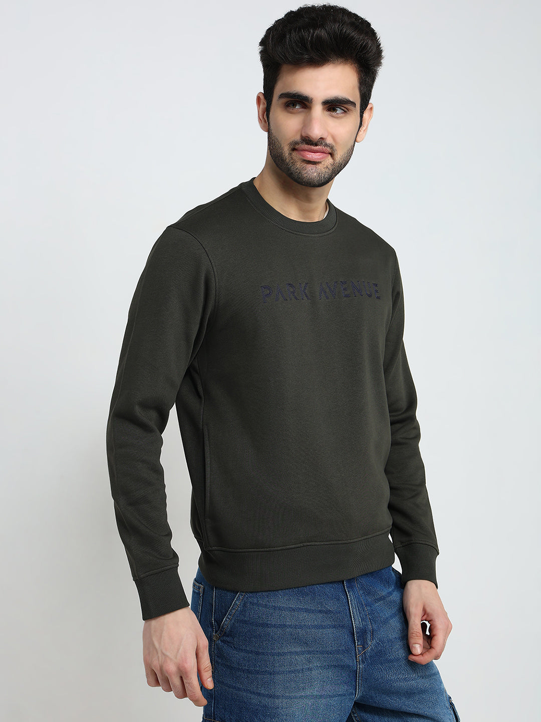 Park Avenue Men Green Structure Slim Fit Cotton Blend Sweatshirt