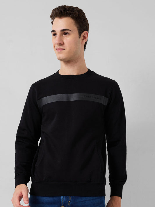 Park Avenue Men Black Checks Slim Fit Cotton Blend Round Neck Collar Sweatshirt