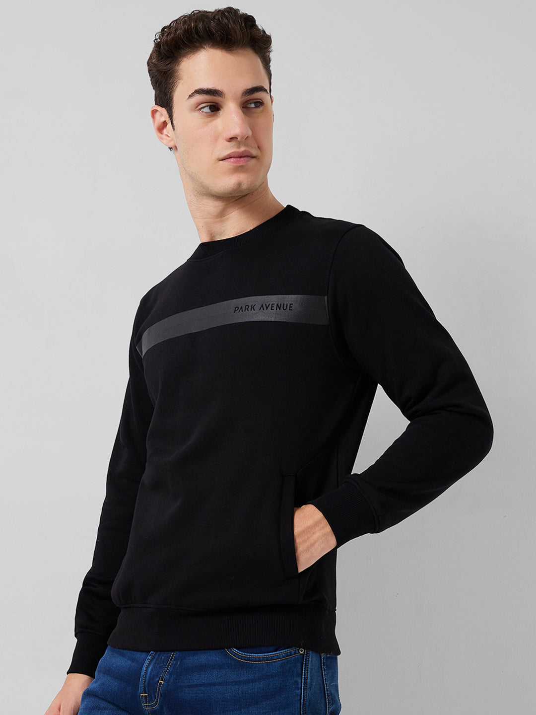 Park Avenue Men Black Checks Slim Fit Cotton Blend Round Neck Collar Sweatshirt