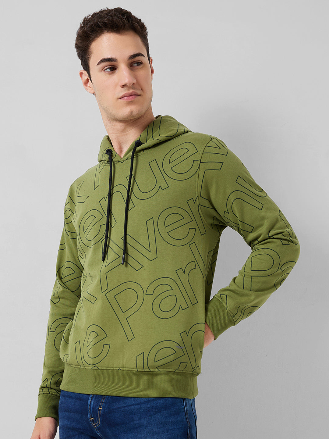 Park Avenue Men Green Print Slim Fit Cotton Blend Sweatshirt
