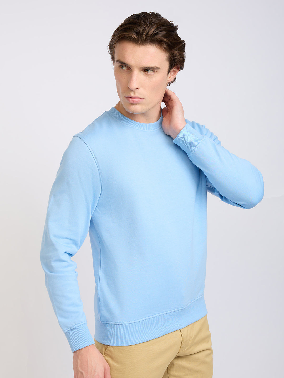 Park Avenue Men Blue Solid Slim Fit Cotton Blend Round Neck Collar Sweatshirt