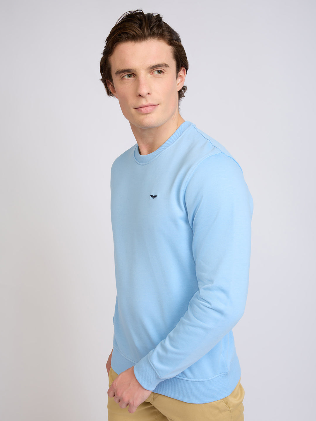 Park Avenue Men Blue Solid Slim Fit Cotton Blend Round Neck Collar Sweatshirt