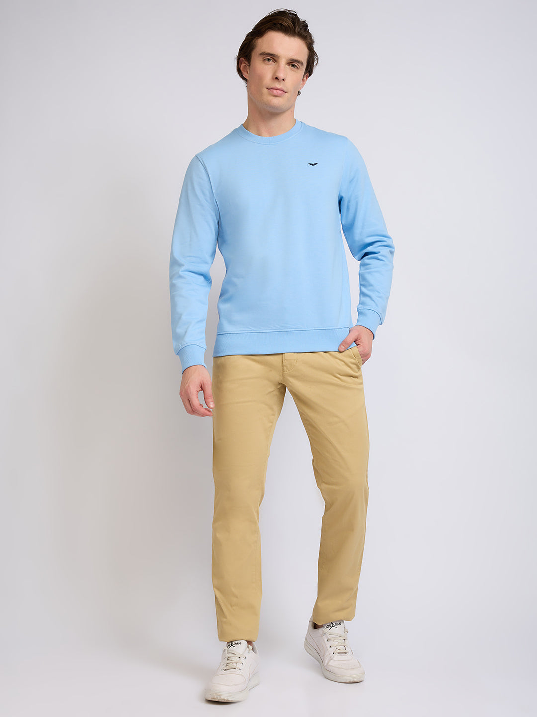 Park Avenue Men Blue Solid Slim Fit Cotton Blend Round Neck Collar Sweatshirt