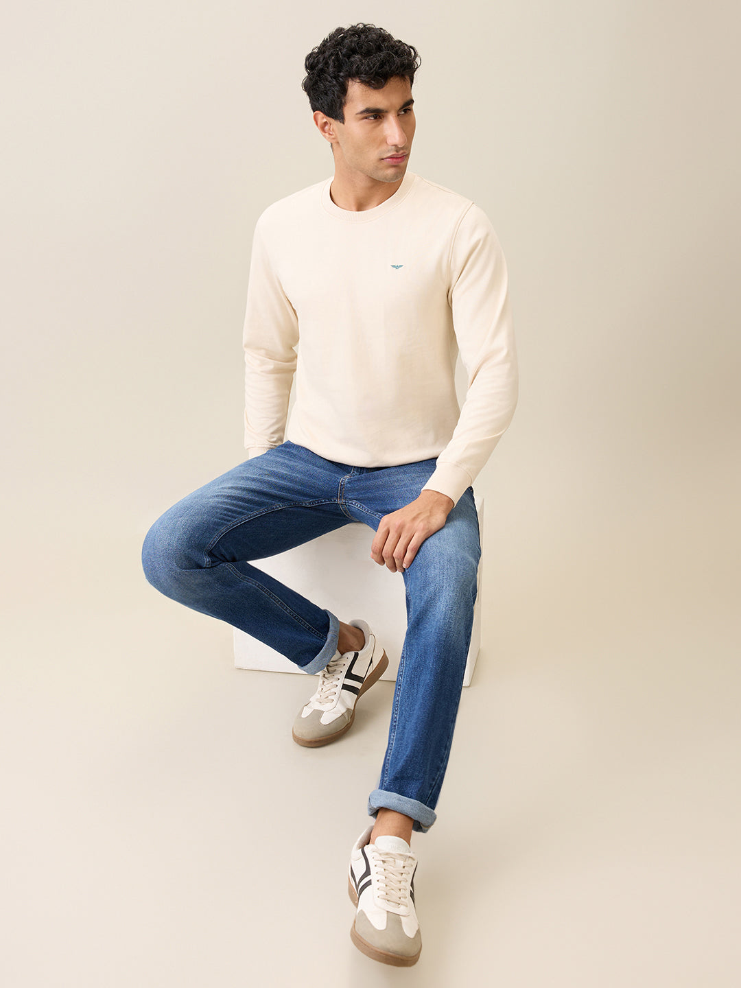 Park Avenue Men Brown Solid Slim Fit Cotton Blend Round Neck Collar Sweatshirt