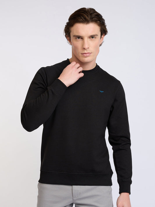 Park Avenue Men Black Solid Slim Fit Cotton Blend Round Neck Collar Sweatshirt