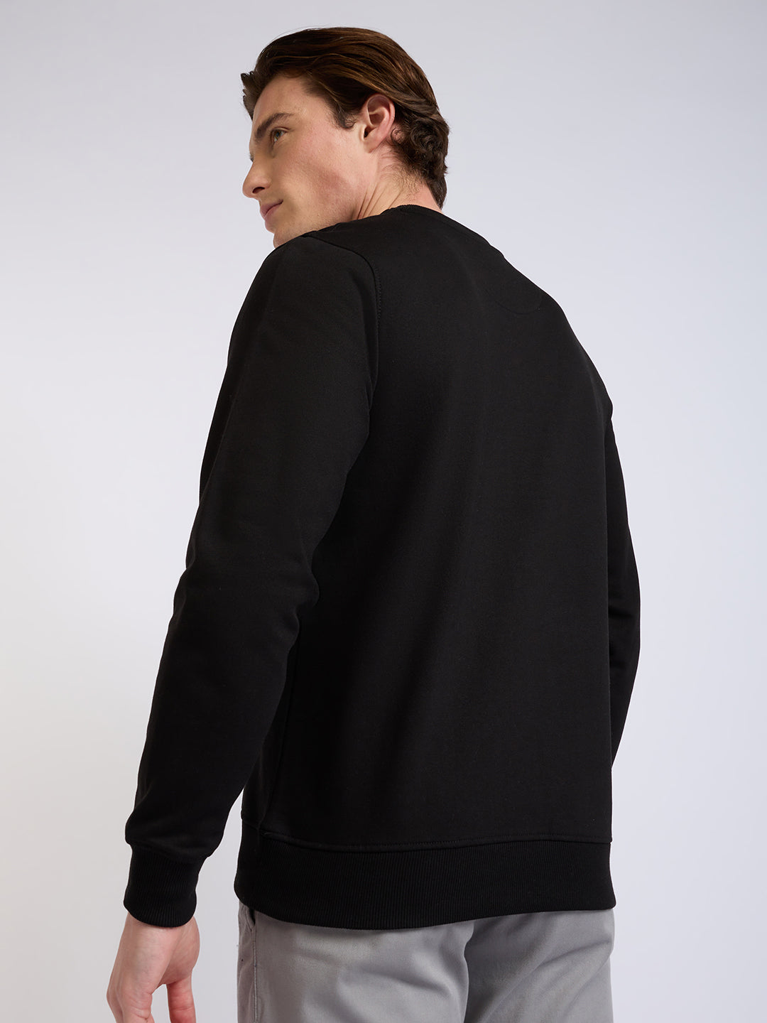 Park Avenue Men Black Solid Slim Fit Cotton Blend Round Neck Collar Sweatshirt
