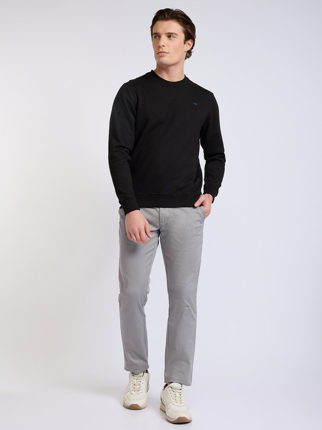 Park Avenue Men Black Solid Slim Fit Cotton Blend Round Neck Collar Sweatshirt