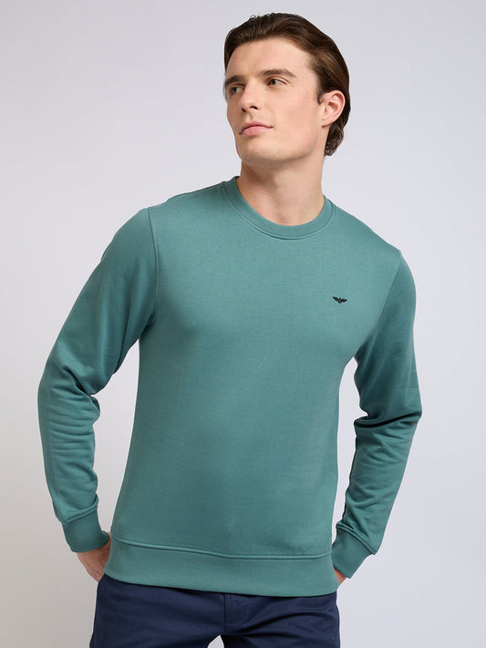 Park Avenue Men Green Solid Slim Fit Cotton Blend Round Neck Collar Sweatshirt