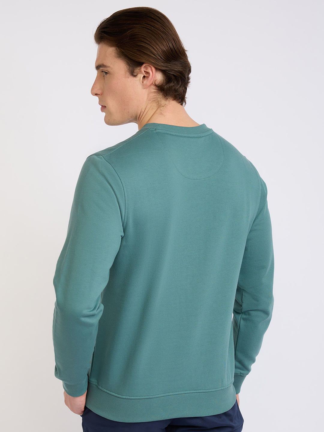 Park Avenue Men Green Solid Slim Fit Cotton Blend Round Neck Collar Sweatshirt