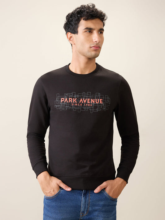 Park Avenue Men Black Printed Slim Fit Cotton Blend Round Neck Collar Sweatshirt