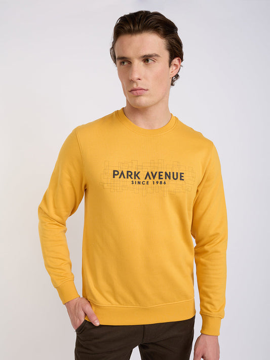 Park Avenue Men Yellow Printed Slim Fit Cotton Blend Round Neck Collar Sweatshirt